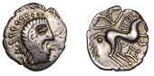 British Iron Age, ICENI, Uninscribed issues, silver Unit, Norfolk God [Small Head] type, stylised male head right,...