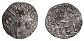 British Iron Age, DUROTRIGES, Uninscribed issues, billon Stater, Omo type, devolved head of Apollo comprising...