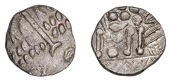 British Iron Age, DUROTRIGES, Uninscribed issues, billon Stater, Omo type, devolved head of Apollo comprising...