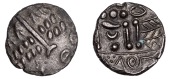 British Iron Age, DUROTRIGES, Uninscribed issues, billon Stater, Omo type, devolved head of Apollo comprising...