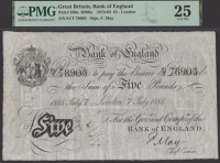 Bank of England, Frank May, £5, London, 7 July 1885, serial number 81/T 78903, in PMG holder 25, very fine, ink...