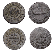 17th Century Tokens, Ixworth, Rebekah Bouldero, Halfpenny, 1669, 1.74g/12h (N 4384; BW. 200); William Syer,...