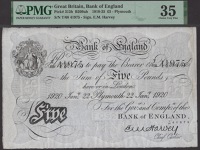 Bank of England, Ernest M. Harvey, £5, Plymouth, 22 January 1920, serial number T/68 41975, in PMG holder 35,...