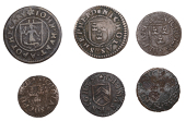 17th Century Tokens, Saxmundham, John Hunt, Halfpenny, 1669, 1.58g/6h (N 4440; BW. 284); Thomas Knights, Farthing,...