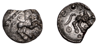 British Iron Age, CATUVELLAUNI, Uninscribed issues, silver Unit, Harlow Horses type, annulate horse right, two...