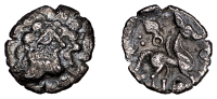 British Iron Age, CATUVELLAUNI, Uninscribed issues, silver Unit, Lister’s Celtic Head type, head right, corded...