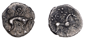British Iron Age, ICENI, Uninscribed issues, silver Half-Unit, Stickman Boar type, stylised boar right, pellet on...