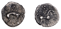 British Iron Age, ICENI, Uninscribed issues, silver Half-Unit, Stickman Boar type, stylised boar right, pellet on...