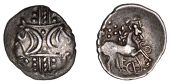 British Iron Age, ICENI, Ecen (c. AD 10-43), silver Unit, Stepping Horse type, double crescent emblem on vertical...