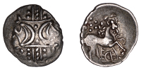 British Iron Age, ICENI, Ecen (c. AD 10-43), silver Unit, Stepping Horse type, double crescent emblem on vertical...