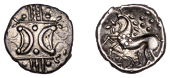 British Iron Age, ICENI, Ecen (c. AD 10-43), silver Unit, Retro type, double crescent emblem on vertical wreath,...