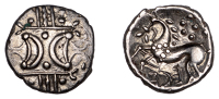 British Iron Age, ICENI, Ecen (c. AD 10-43), silver Unit, Retro type, double crescent emblem on vertical wreath,...