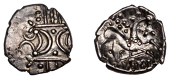 British Iron Age, ICENI, Saenu (c. AD 30-43), silver Unit, Saenu type, double crescent emblem on vertical wreath,...