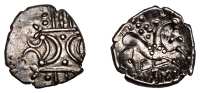 British Iron Age, ICENI, Saenu (c. AD 30-43), silver Unit, Saenu type, double crescent emblem on vertical wreath,...
