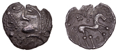 British Iron Age, ICENI, Uninscribed issues, silver Unit, Mossop Proto head type, male head left, with jutting jaw,...