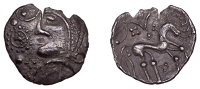 British Iron Age, ICENI, Uninscribed issues, silver Unit, Mossop Proto head type, male head left, with jutting jaw,...