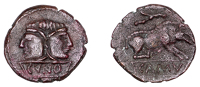 British Iron Age, CATUVELLAUNI, Cunobelin (c. AD 8-41), bronze Unit, Janus type, janiform head, cvno in tablet...