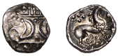 British Iron Age, ICENI, Aesu (c. AD 30-43), silver Unit, Aesu type, double crescent emblem on vertical wreath, rev....