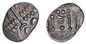 British Iron Age, DUROTRIGES, Uninscribed issues, billon Stater, Omo type, devolved head of Apollo comprising...