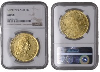 William III (1694-1702), Five Guineas, 1699, first laureate bust right, gvlielmvs iii de gra around, rev. crowned...
