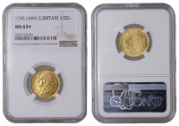 George II (1727-1760), Half-Guinea, 1745 Lima, intermediate laureate head (EGC 647; MCE 354; S 3684). About as...