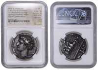SICILY, Syracuse, Dekadrachm, struck under the tyrant Dionysios I, c. 390-380; signed work of Euainetos, charioteer...