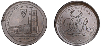 18th Century Tokens, MIDDLESEX, Hackney, David Rebello, Skidmore’s Penny, 1795, church, rev. dar cypher, edge on...