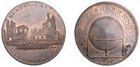 18th Century Tokens, WESTMORLAND, Kendal, Skidmore’s Globe series, Penny, 1797, ruins of Kendal Castle, rev....
