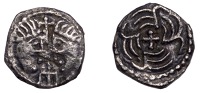Early Anglo-Saxon Period, Sceatta, Secondary series J [York], type 37, two heads vis-à-vis, cross and ‘trident’...