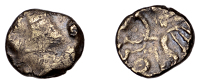 British Iron Age, EAST WILTSHIRE, Uninscribed issues, gold Quarter-Stater, Dahlia Horse Left type, blundered...