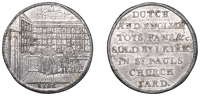 Miscellaneous Tokens and Checks, LONDON, St Paul's Churchyard, John Kirk, white metal, c. 1740, customers in shop,...