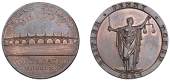 LONDON, Kempson’s London Buildings, Penny, type 4, Blackfriars Bridge, rev. Justice standing, edge i promise to...