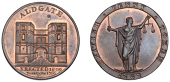 LONDON, Kempson’s London Buildings, Penny, type 4, Aldgate, rev. Justice standing, edge plain, 18.24g/6h (DH 73)....