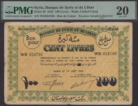 Banque de Syrie et du Liban, Bon de Caisse, Syria, 100 Livres, 1 August 1942, serial number WD 054760, Perot and...