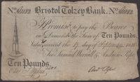 Bristol Tolzey Bank, for Samuel Worrall & Andrew Pope, £10, 19 September 1818, serial number A1182, Andrew Pope...