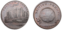 CHESHIRE, Chester, Skidmore’s Globe series, Penny, 1797, frontal elevation of Chester Castle, rev. globe, edge i...