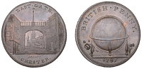 CHESHIRE, Chester, Skidmore’s Globe series, Penny, 1797, frontal elevation of East Gate, rev. globe, edge i...