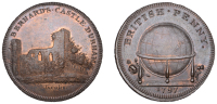 Co Durham, Barnard Castle, Skidmore’s Globe series, Penny, 1797, view of castle ruins, rev. globe, edge i promise...