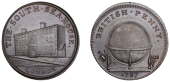 LONDON, Threadneedle Street, Skidmore’s Globe series, Penny, 1797, South Sea House, rev. globe, edge i promise to...