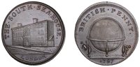 LONDON, Threadneedle Street, Skidmore’s Globe series, Penny, 1797, South Sea House, rev. globe, edge i promise to...