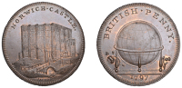 NORFOLK, Norwich, Skidmore’s Globe series, Penny, view of the keep of Norwich Castle, bridge over moat in...