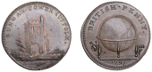 SUFFOLK, Bungay, Skidmore’s Globe series, Penny, 1797, remains of Bungay Tower, rev. globe, edge i promise to pay...