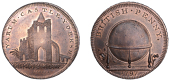 YORKSHIRE, Yarm, Skidmore’s Globe series, Penny, 1797, remains of Yarm Castle, rev. globe, edge i promise to pay...