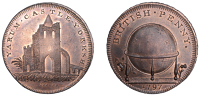 YORKSHIRE, Yarm, Skidmore’s Globe series, Penny, 1797, remains of Yarm Castle, rev. globe, edge i promise to pay...
