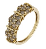 A diamond cluster ring, designed as three flowerhead clusters set throughout with brilliant-cut diamonds of brown...