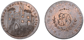 Worcestershire, Dudley, Edward Davies, Skidmore’s Penny, view of the ruined tower of Dudley Castle, rev. ed cypher...