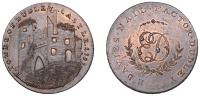 Worcestershire, Dudley, Edward Davies, Skidmore’s Penny, view of the ruined tower of Dudley Castle, rev. ed cypher...