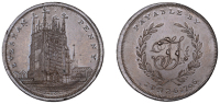 WORCESTERSHIRE, Evesham, Thomas Thompson, Skidmore’s Penny, 1796, frontal elevation of Abbot’s Tower, rev. tt...