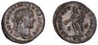 Maximianus, Follis (AE1), Trier, 296-297, laureate head right, imp maximianvs p f avg around, rev. Genius, wearing...