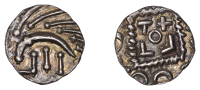 Early Anglo-Saxon Period, Sceatta, Continental Series E, Secondary type, sub-variety I, porcupine-like figure...